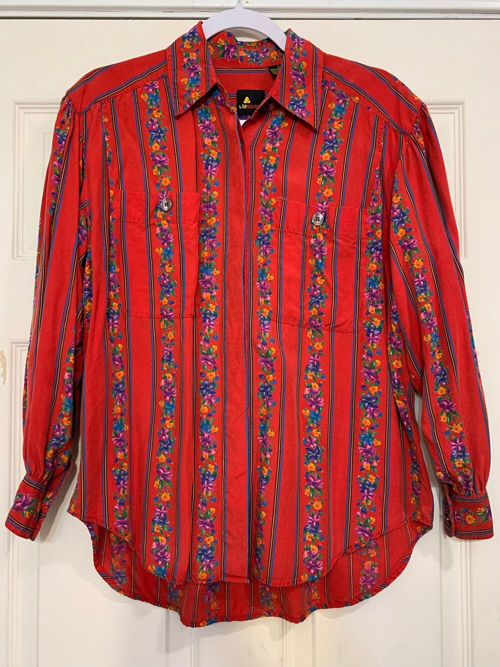 Vintage Red and Floral Long Sleeve Button Up Small Blouse. 4000J2